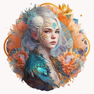watercolor hyper realistic beautiful young girl with snowy white hair, symbolizing the rebirth of a phoenix rising from the ashes, while the woman's pose and appearance evoke a sense of renewal and new beginnings. The girl is dressed in playful and imaginative Egyptian Pharaoh - inspired couture fashion. Bold and colorful patterns featuring Celestial Filigree, Geode Crystalline, Asymmetrical Splice, Bio - Luminescent Bloom, Origamic Tessellation, and other hieroglyph - inspired designs. clipart 