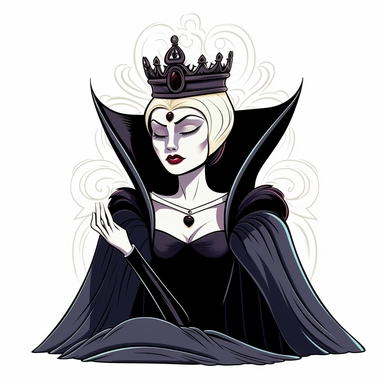 2d partially lined clipart illustration of an evil but beautiful queen, in the style of 1959's sleeping beauty movie, white background
