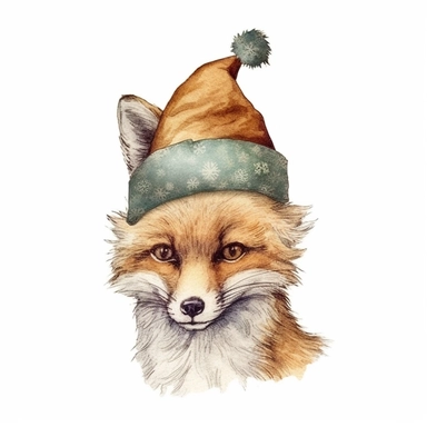 cliparts of fox with christmas hat , vintage illustration, pastel colors, in Pierre Redouté style, isolated on white background
