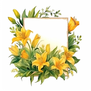 yellow lilies on a garden sign, watercolor, yellow brown and green color theme, clipart, hyperrealistic, white background