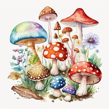 fairy tale, mushrooms and toadstools patch, Watercolour, Magic Mystical Mushrooms clipart, white background
