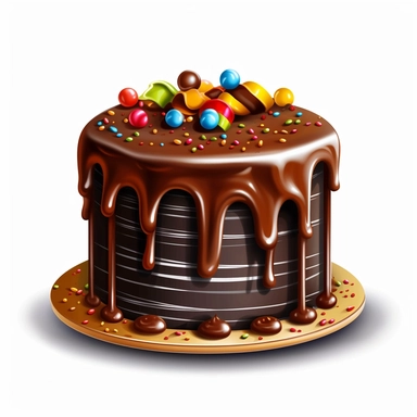 Generate a clipart image of a chocolate ganache birthday cake white background. Showcase a rich chocolate cake covered in a velvety ganache frosting, perfect for chocolate lovers