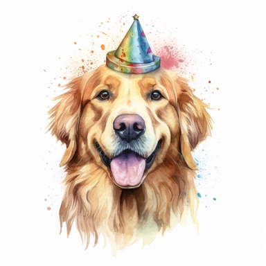 watercolor of a birthday golden retriever isolated on a white background, detailed ,realistic ,rtx on,textural richness,colorful imagery,digital illustration, clipart,