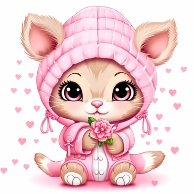 kawaii a very cute cuddly eyes happy kitten wearing a pink coat giving out heart's clipart Easter spring bunny scrapbooking Crafton digital paper white background
