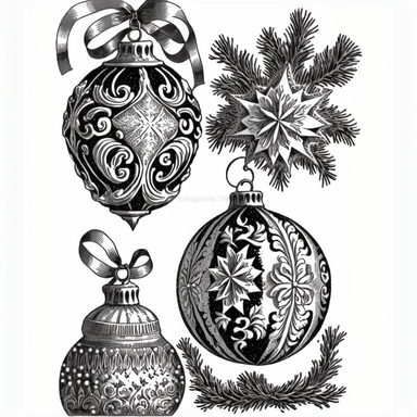 vintage christmas ornaments, in the style of engraving clip art illustration--ar 3:2
