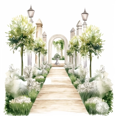 Hand drawn aisle grass with white brick, tall topiary’s with white flowers line the aisle and sparkly crystals, glamorous, very detailed and realistic, watercolor, clipart style, white background with margins