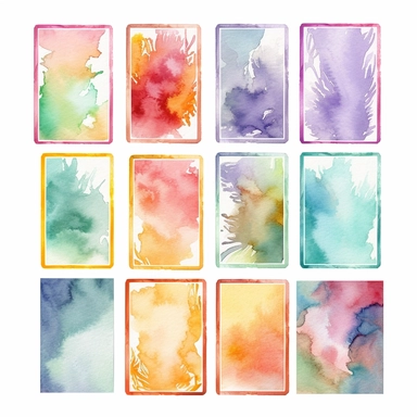 nine abstract watercolor background vector clipart, in different light pastel colors, rectangle frame, hazy romanticism, free brushwork