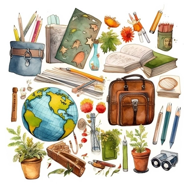 stationery, books, notebooks, pencils, backpacks, folders, globes, computers, and many more, illustrations, clipart, meticulously hand-illustrated, bringing the beauty of nature, white background