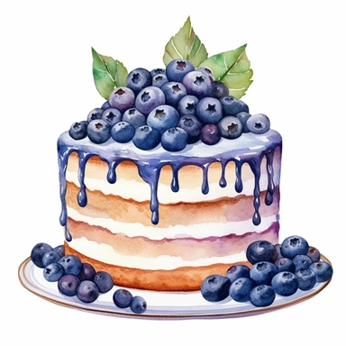 one cake blueberry watercolor clipart on a white background, paper crafting, clipart, in the style of pictorial fabrics, celebration of rural life, allover composition, repeating pattern, kitchen still life, opulent fabrics, goosepunk, no watermark, text, 300 DPI , typography, shapes do not stick together, no text in the picture, on a white background