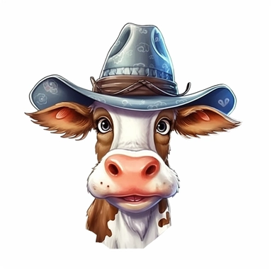 funny cow with cowboy hat sublimation clipart, hd, detail, illustration style, high solution, on the white background