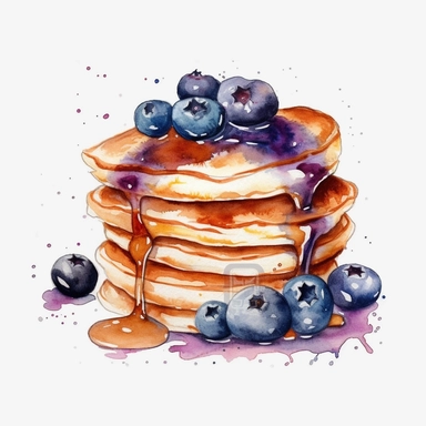 watercolor blueberry pancakes clipart, hd on white background, spaced out ar 3:2