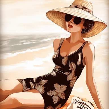 portrait view, full view, clipart illustration, beautiful lady sunbathing on beach, exact image, sharp focus, high detail, (--iw 5)