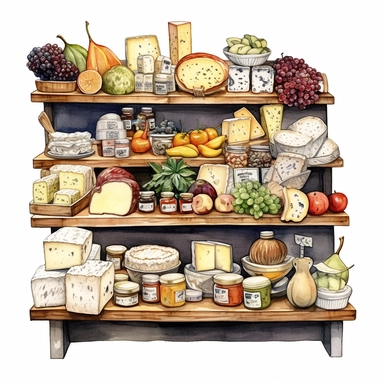 watercolor detailed illustration of A selection of artisanal cheeses in a grocery store, clipart, white background