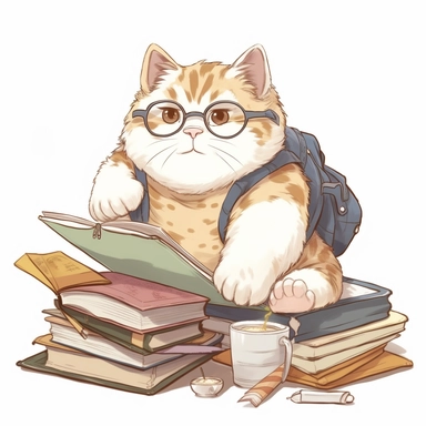 Chubby cartoon cat studying for school, highly detailed, anime, adorable, pastel,clipart