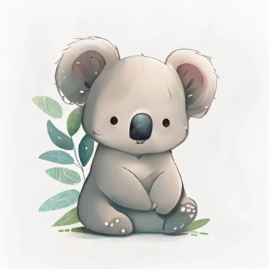 cutout of a single kawaii koala, watercolor cartoon illustration for a baby nursery, soft colors, on a white solid background, PNG, cutout, cut-out, simple shapes, no lines, no outlines, clipart, trending on artstation, minimalist, watercolor illustration clipart, watercolour clipart, flat design, white solid background