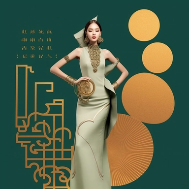 no texts, vogue fashion shoot, Bright and festive clipart collection. Gold silhouette on green, line drawing, graphic design in eastern, oriental art style