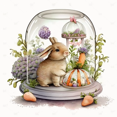 a realistic cute bunny eating a carrot in a glass dome,ribbons, patterned Easter eggs on a stand, candles and easter muffins, watercolor effect, realistic figures , kids story style, soft colored view , fantastic scene, small colored flowers and lavender , white background , suitable for digital clipart