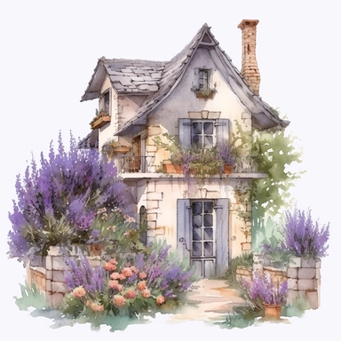 watercolor mixed media masterpiece beautiful white cozy small house with violet door, richly decorated with lupine, pots with flowers, overgrown with moss, the garden at the back of the house, provence, golden accents, shabby shic style, by Rodney Matthews style and by Daniel Ridgway Knight style and by Nicholas Hely Hutchinson style, Baroque style, PNG clipart, isolated on white, extreme photorealistic details, 32k HD resolution, realistic high detailization high resolution