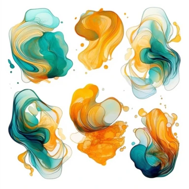 Alcohol ink cliparts, line art, teal and amber, muliple Art nouveau home house simple logo, flowing lines, strong contours, clear, no background