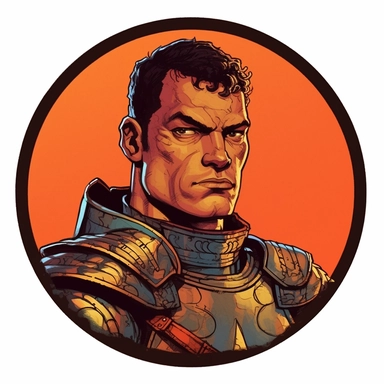 A Dungeons & Dragons character portrait circular tondo depicting a Slavic Moroccan knight, Butcher Billy Josh Kirby, Mad Max Lord of the Rings Discworld, handpainted retrowave, clipart illustration, circular solid background circular border
