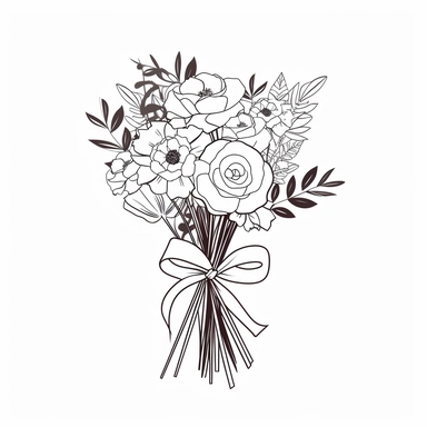 vector illustration, hand drawn, elegant floral bouquet with ribbon tied around, silhouette, outline svg, clipart, roses wedding bouquet, all white background
