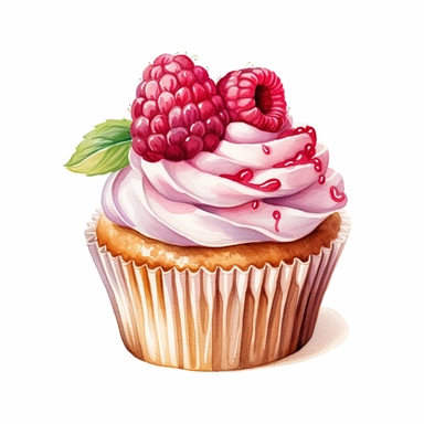 clipart of a cupcake with raspberries, white background, watercolor, high details, crisp details