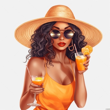 pretty black girl, Sun Straw Hat Wide Brim Summer Hat Foldable Roll up Floppy Beach Hats, pretty, holding a cocktail drink, orange outfit, 4k, hd, clipart