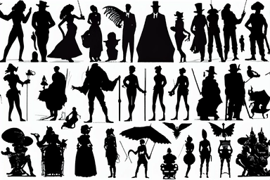 silhouettes of soldiers, priests, devils, fauns, angels, jugglers, cops, clowns, madmen. Bizarre, whimsical, random, victorian, theatrical, funny. Black and white clipart collection, white background