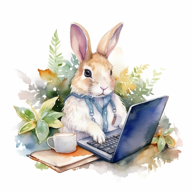 watercolor clipart, cute funny bunny, in style programmer, working on a computer, With an intelligent look, resembling a botanist, funny and floppy ears, white background, no watermarks, suitable for printing