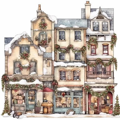 beautiful old town Christmas Clipart , style by Lucy Fleming, watercolor, smooth gradients, black contour outline, ultra detailed, clipart elements, delicate pastel colors, solid white background, super clear, high quality
