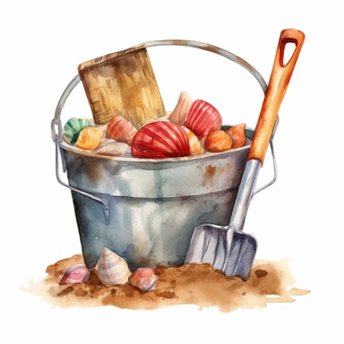 beach shovel and bucket clipart illustration watercolor detailed white background 8k