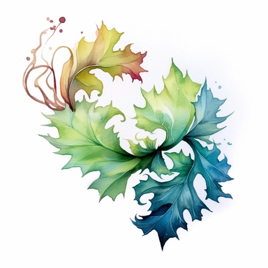 two dimensiona, oak leaves, simple vines of green leaves, iconic, wind, fanstasy, free brushstrokes, magical, watercolour illustration. colourful, white background isolated. aquarellist, fantasy, cute, clipart, cottagecore,