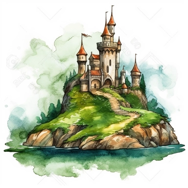 a Castle on Green Hill watercolor Clipart sublimation clipart graphic, full body, clipart, sticker, a single picture, cartoon style, highly detailed, 8k, one image in the frame--no text in the picture--