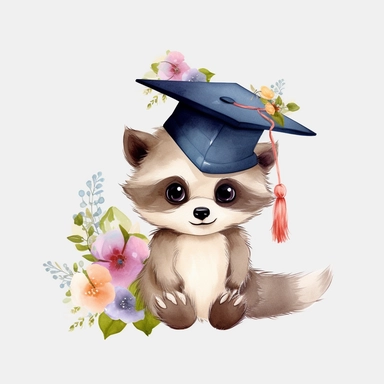 cute baby animals wearing graduation cap, flowers, in the style of Pixar, clipart, hd, on white background, - - ar 3:2, s 1000