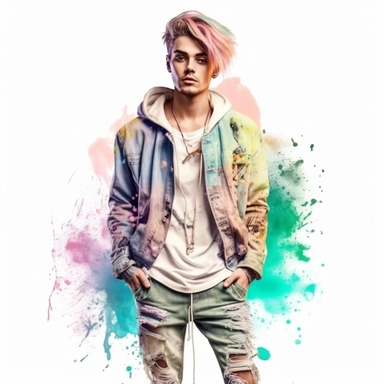 idyllic young man multicolor hair, fashion model, looking in the camera, eye contact, full body, fairytale dreamlike, clipart with watercolor splash background, with transparent background, hyper realistic, professional photography, super detailed