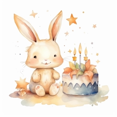 cute watercolor newborn soft beige baby rabbit toy smiling with stars and birthday cake, watercolor effect, isolated white background, babyshower clipart, soft beige tones