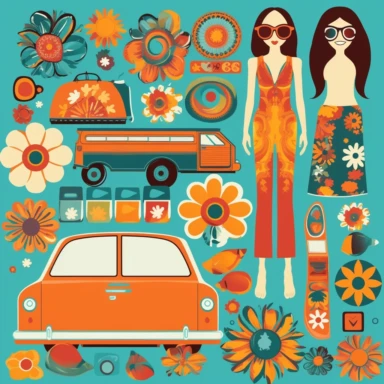 Design a set of vintage and retro clipart inspired by the 1960s. Include iconic elements from the era such as psychedelic patterns, peace signs, flower power, retro cars, lava lamps, vinyl records, and bell-bottom pants. Create a variety of clipart objects that capture the essence of the '60s, including fashion accessories, music-related items, and popular symbols associated with the counterculture movement