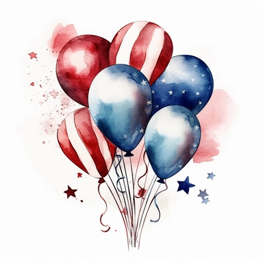 clip art of a watercolor a bunch of party balloons made with designs inpired by the american flag in a patriotic arrangement, red white and blue colors, humble charm, vintage