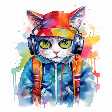 colorful cat art, full body, wearing cap and headphones, clipart, white background