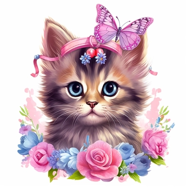 Floral cute Scottish cat, flowers on her head, with pink butterflies, cat face, clipart Scottish cat, on white background, hd