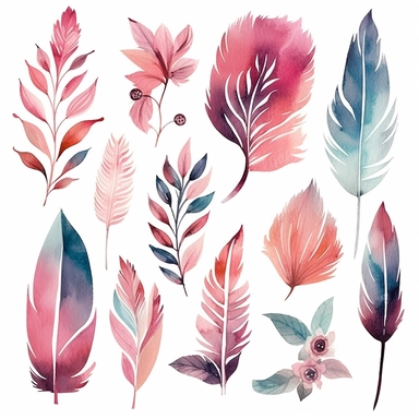 Craft a collection of boho-chic watercolor clipart (content) showcasing meticulously hand-painted floral and feather designs. The artistic medium should reflect the charm and elegance of watercolor paintings. Draw inspiration from renowned watercolor artists like Anna Bond and Flora Bowley, infusing the set with their signature styles. Utilize warm, natural lighting to enhance the organic feel of the designs, while employing a harmonious color palette reminiscent of earthy tones and pastel hues.