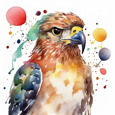 please create watercolor clipart of a hawk smiling, wearing party props and bubbles, colorful, WHITE BACKGROUND