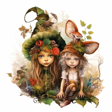 kids as forest elves, naturalistic, opulent, rich, surreal, white background, clipart