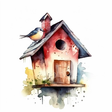 birdhouse clipart , watercolor, realistic, soft lighting, white background