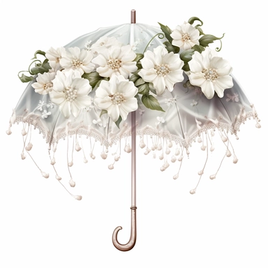 pretty white victorian parasol with white flowers on the edges for clipart on a white background