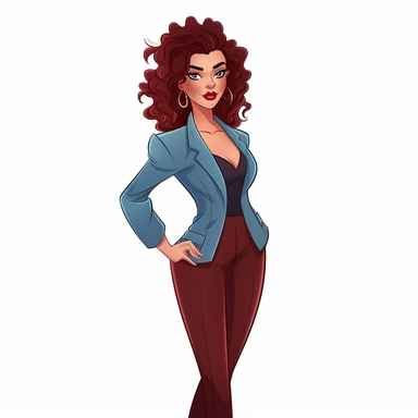 full body perspective 2d disney clipart illustration of a pretty business woman, thick-outlined, white background
