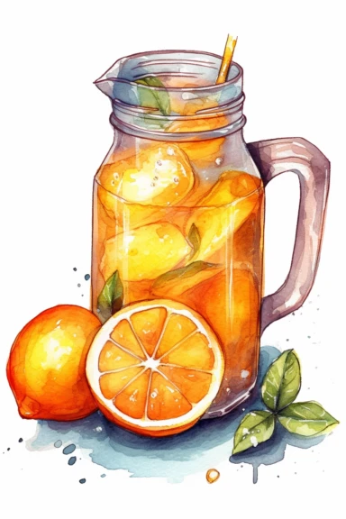 water colour jug of cool oranges juice clipart, HD, isolated on white background, centered, spaced out