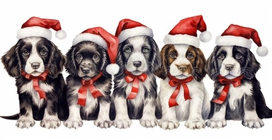 Cute black and white springer spaniel puppies in a line, dressed in cute christmas outfits, playful, vivid colors, white background, ornamental watercolor clipart, I can't believe how beautiful this is