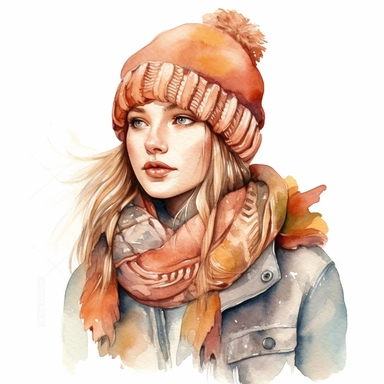 Girl in Wool Hat and Scarf - Clipart depicting a girl wearing a wool hat and scarf to protect herself from the autumn cold, watercolor style, white background