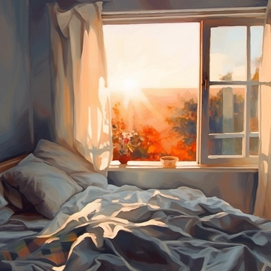 The morning sunlight shines into the window, and there is a bed in the room with oil paintings, White background, Clip Art Style